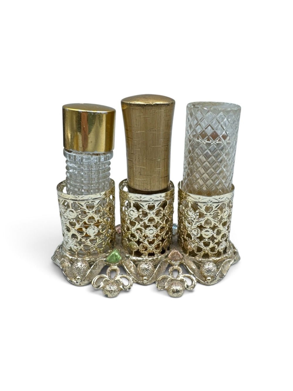 Vintage 1960s Avon Vanity Set Perfume Lipstick Gold Filigree Holder Rhinestones